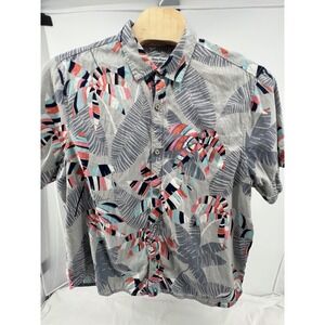Tommy Bahama Men's Short Sleeve Shirt Tropical Leaf Print Gray Blue Coral